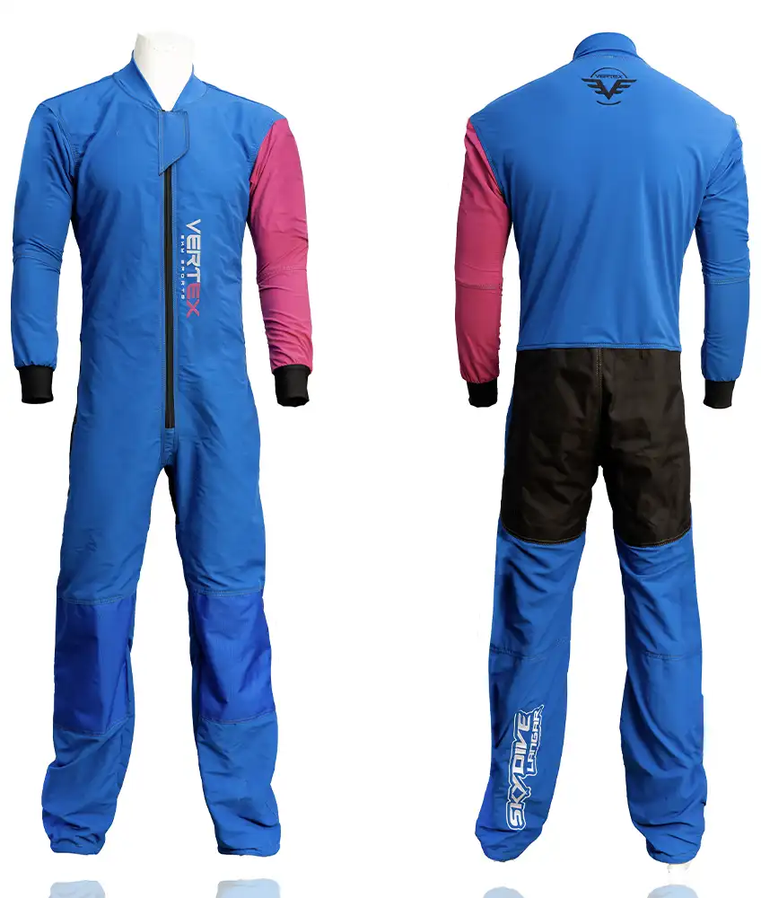Photo of our Basic / instructor skydive / skydiving suit. This suit has been specifically designed for slow fall rates and durable hard wearing work wear for professional skydivers.