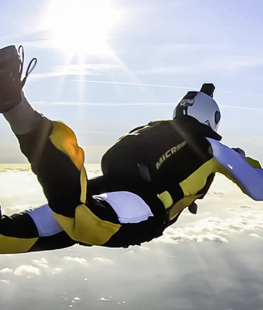 Photo of our Prozip instructor skydive / skydiving suit. This suit has been specifically designed for adjusting fall rates of a professional skydive / skydiving instructor.